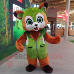 Lime Green Red Panda mascot costume character dressed with a Overalls and Hairpins