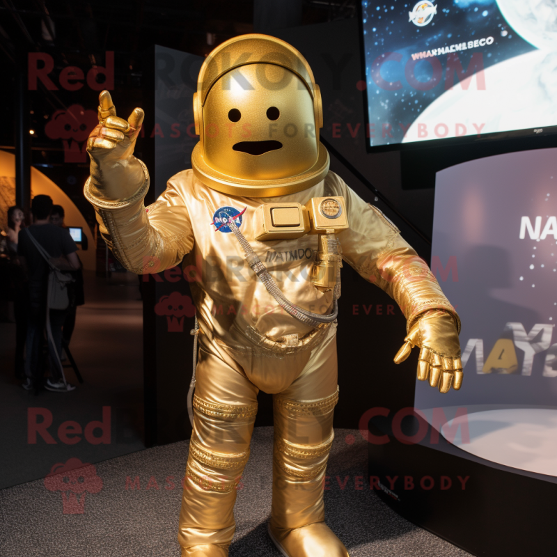 Gold Astronaut mascot costume character dressed with a V-Neck Tee and Wraps