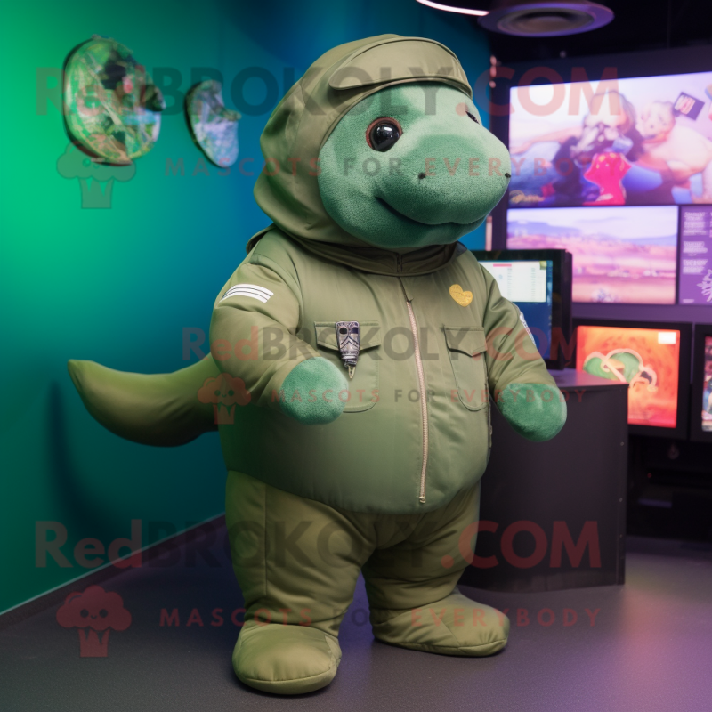 Green Stellar'S Sea Cow mascot costume character dressed with a Bomber Jacket and Berets