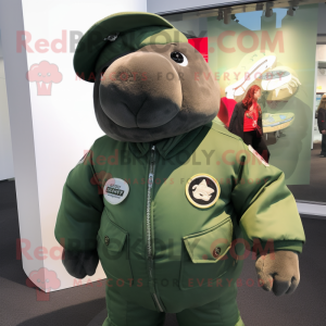 Green Stellar'S Sea Cow mascot costume character dressed with a Bomber Jacket and Berets