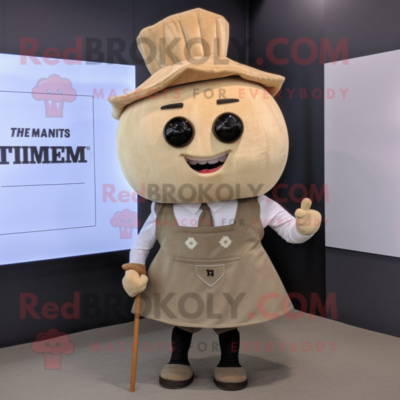 Tan Turnip mascot costume character dressed with a Mini Skirt and Tie pins