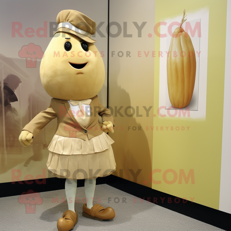 Tan Turnip mascot costume character dressed with a Mini Skirt and Tie pins