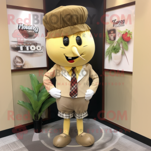 Tan Turnip mascot costume character dressed with a Mini Skirt and Tie pins