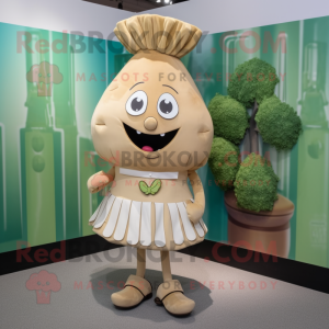 Tan Turnip mascot costume character dressed with a Mini Skirt and Tie pins