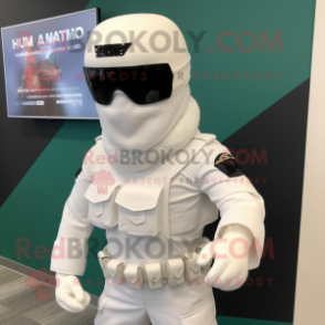 White Commando mascot costume character dressed with a Swimwear and Cummerbunds