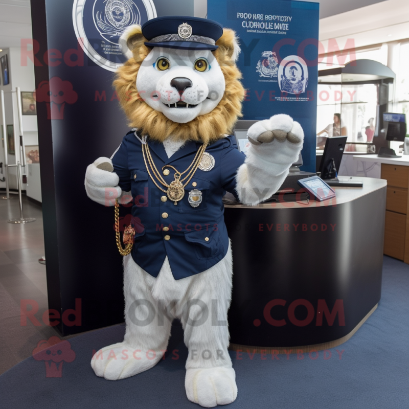 Navy Lion mascot costume character dressed with a Vest and Necklaces Navy Lion mascot costume character dressed with a Vest and Necklaces