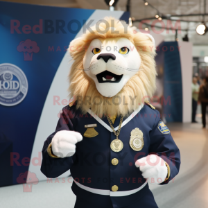 Navy Lion mascot costume character dressed with a Vest and Necklaces