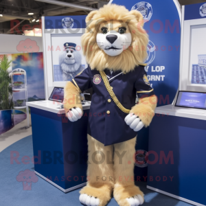 Navy Lion mascot costume character dressed with a Vest and Necklaces