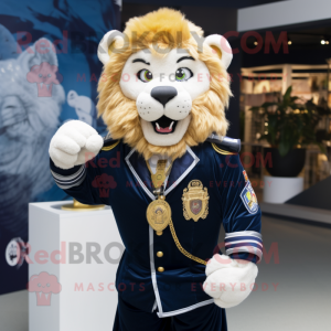 Navy Lion mascot costume character dressed with a Vest and Necklaces