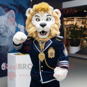 Navy Lion mascot costume character dressed with a Vest and Necklaces