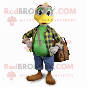Green Gosling mascot costume character dressed with a Flannel Shirt and Messenger bags