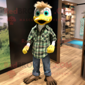 Green Gosling mascot costume character dressed with a Flannel Shirt and Messenger bags
