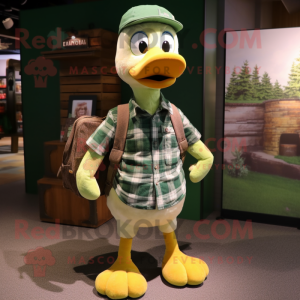 Green Gosling mascot costume character dressed with a Flannel Shirt and Messenger bags