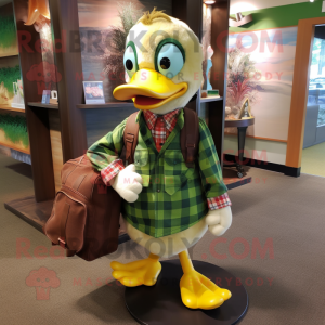 Green Gosling mascot costume character dressed with a Flannel Shirt and Messenger bags