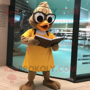 Brown Gosling mascot costume character dressed with a Board Shorts and Reading glasses