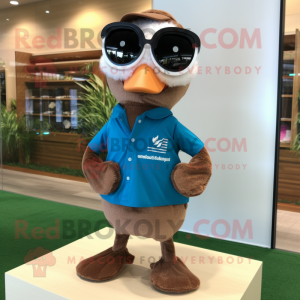 Brown Gosling mascot costume character dressed with a Board Shorts and Reading glasses