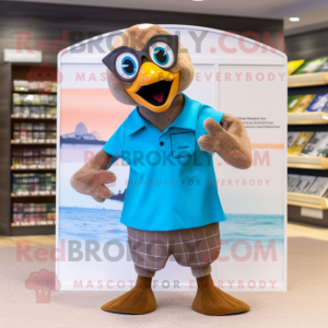 Brown Gosling mascot costume character dressed with a Board Shorts and Reading glasses