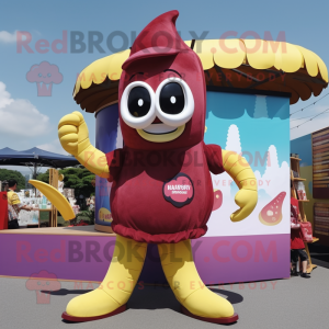 Maroon Banana mascot costume character dressed with a Playsuit and Wallets