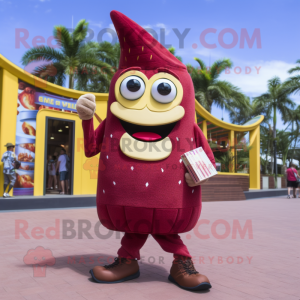 Maroon Banana mascot costume character dressed with a Playsuit and Wallets