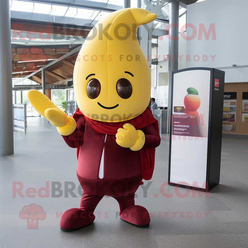 Maroon Banana mascot costume character dressed with a Playsuit and Wallets Maroon Banana mascot costume character dressed with a Playsuit and Wallets