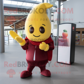 Maroon Banana mascot costume character dressed with a Playsuit and Wallets