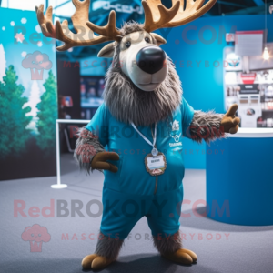 Blue Irish Elk mascot costume character dressed with a Dungarees and Necklaces