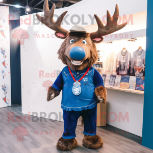 Blue Irish Elk mascot costume character dressed with a Dungarees and Necklaces