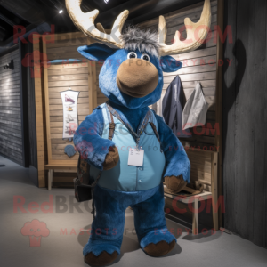 Blue Irish Elk mascot costume character dressed with a Dungarees and Necklaces