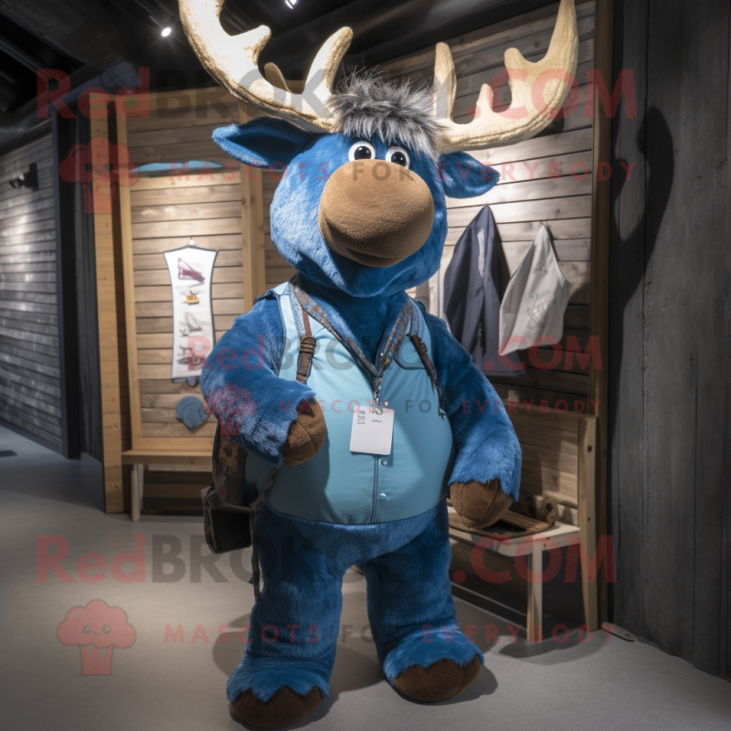 Blue Irish Elk mascot costume character dressed with a Dungarees and Necklaces