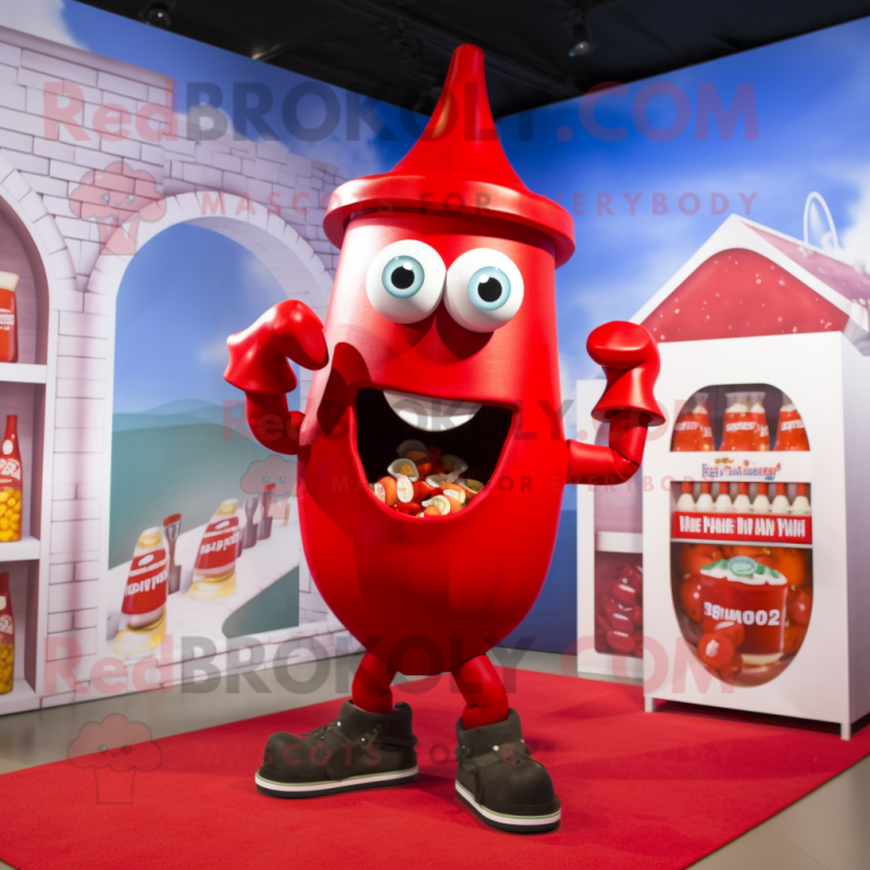 Red Bottle Of Ketchup mascot costume character dressed with a Capri Pants and Ties Red Bottle Of Ketchup mascot costume character dressed with a Capri Pants and Ties