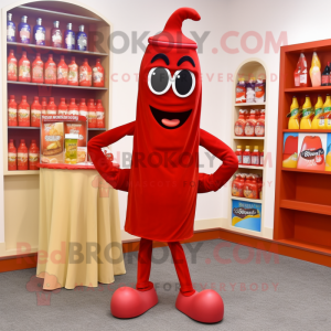 Red Bottle Of Ketchup mascot costume character dressed with a Capri Pants and Ties