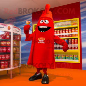 Red Bottle Of Ketchup mascot costume character dressed with a Capri Pants and Ties