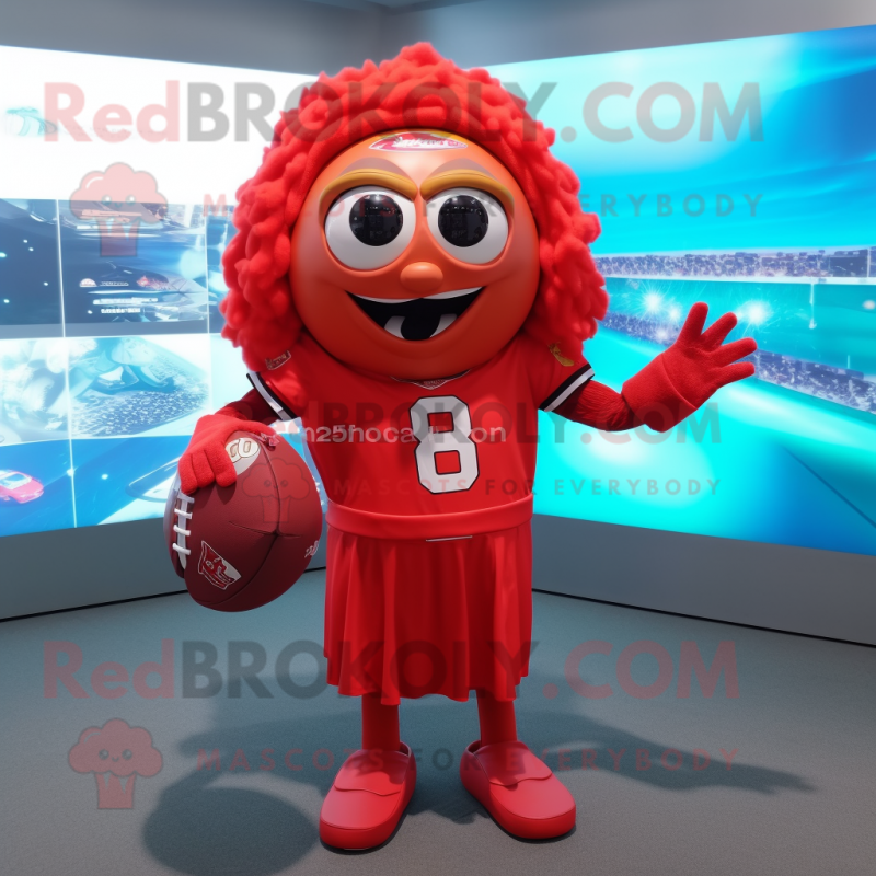 Red American Football Helmet mascot costume character dressed with a Ball Gown and Hair clips