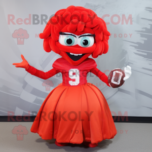 Red American Football Helmet mascot costume character dressed with a Ball Gown and Hair clips