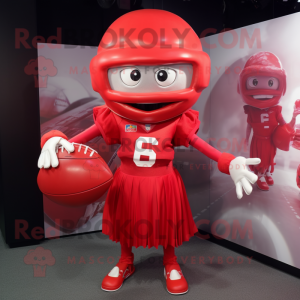 Red American Football Helmet mascot costume character dressed with a Ball Gown and Hair clips