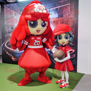 Red American Football Helmet mascot costume character dressed with a Ball Gown and Hair clips