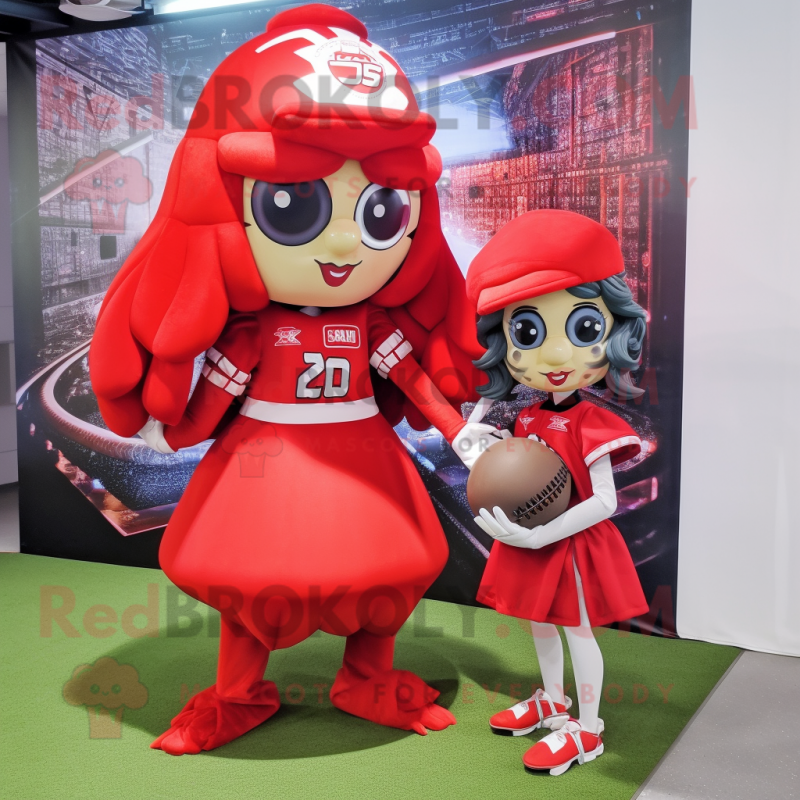 Red American Football Helmet mascot costume character dressed with a Ball Gown and Hair clips
