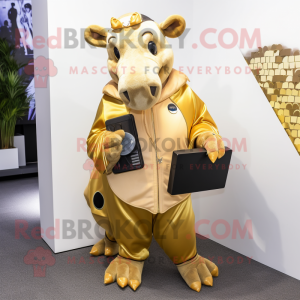 Gold Tapir mascot costume character dressed with a Trousers and Messenger bags