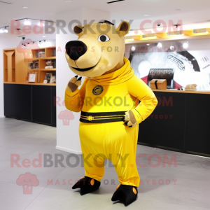 Gold Tapir mascot costume character dressed with a Trousers and Messenger bags