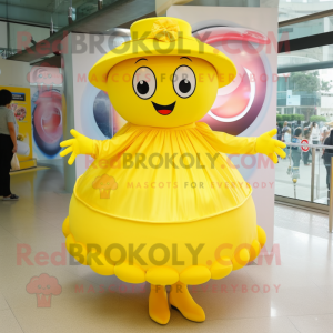 Lemon Yellow Momentum mascot costume character dressed with a Circle Skirt and Hats