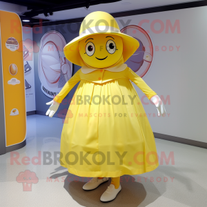 Lemon Yellow Momentum mascot costume character dressed with a Circle Skirt and Hats