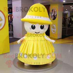 Lemon Yellow Momentum mascot costume character dressed with a Circle Skirt and Hats