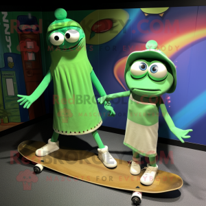 Green Skateboard mascot costume character dressed with a Midi Dress and Wraps