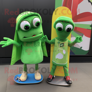Green Skateboard mascot costume character dressed with a Midi Dress and Wraps