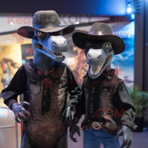Black Deinonychus mascot costume character dressed with a Boyfriend Jeans and Hats