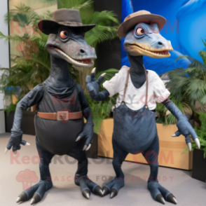 Black Deinonychus mascot costume character dressed with a Boyfriend Jeans and Hats