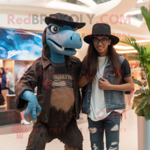 Black Deinonychus mascot costume character dressed with a Boyfriend Jeans and Hats