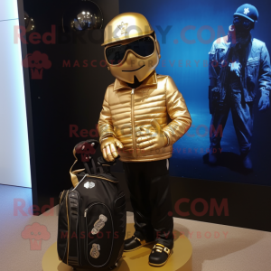 Gold Golf Bag mascot costume character dressed with a Biker Jacket and Clutch bags