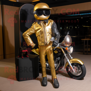 Gold Golf Bag mascot costume character dressed with a Biker Jacket and Clutch bags