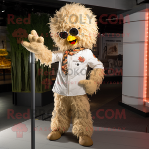 Beige Fried Chicken mascot costume character dressed with a Flare Jeans and Hair clips